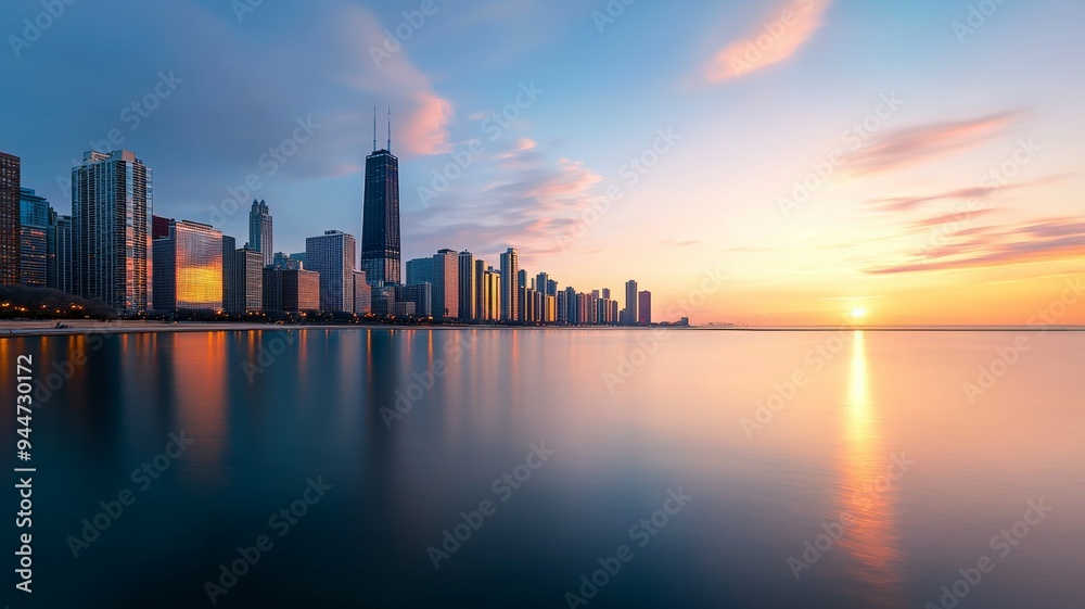A city skyline with a large body of water in the background A city skyline with a large body of water in the background