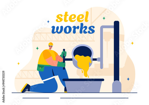 Steelworks Vector Illustration with Resource Mining, Smelting of Metal in Big Foundry and Hot Steel Pouring in a Flat Cartoon Background Design