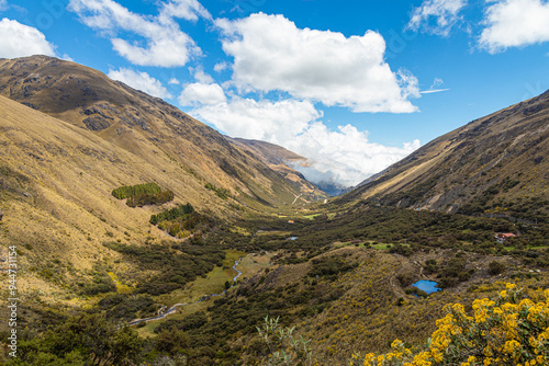 El Cajas National Park in the Ecuadorian Andes. Mountainous landscape. The Luspa River Valley at 3760 m above sea level. Azuay nprovince close to Cuenca city