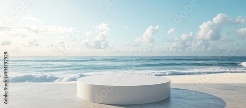 3D rendering of a minimalist display podium designed for product or cosmetic presentations against a backdrop of a beach scene embodying a vacation theme