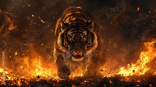 A fierce tiger charges through flames, showcasing its power and intensity in a dramatic display of nature's raw beauty.