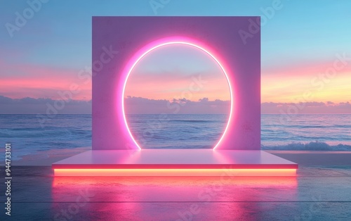 3D render of an abstract minimal display podium for showcasing products or cosmetics with a beach scene emphasizing a vacation theme photo