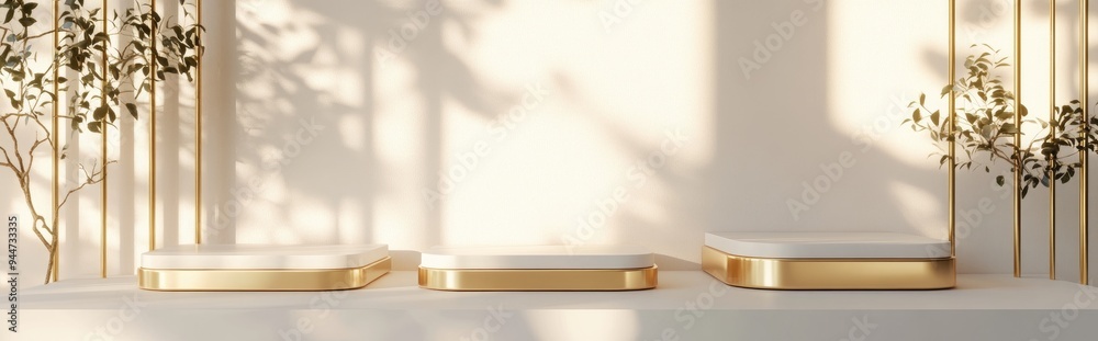 3D rendering of gold and white podiums featuring rectangular shapes on a light background Three platforms designed for showcasing products 3D rendering of gold and white podiums featuring rectangular shapes on a light background Three platforms designed for showcasing products