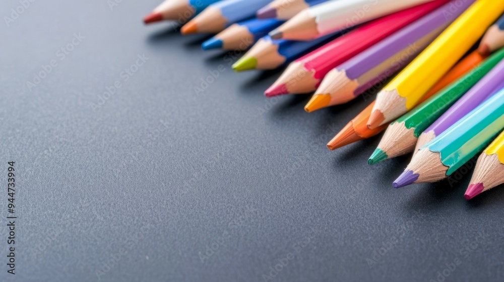 A row of colored pencils on a black background A row of colored pencils on a black background