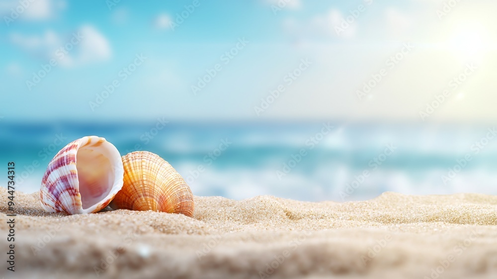 A shell is laying on the sand next to the ocean A shell is laying on the sand next to the ocean