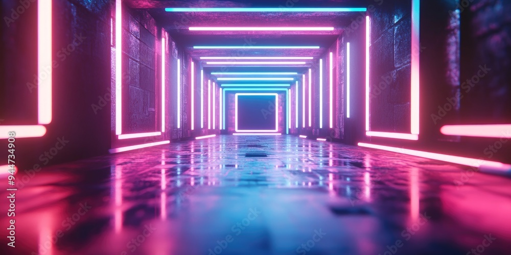 3D rendering of a neon lit tunnel featuring glowing lines an abstract background and a square portal in vibrant pink and blue hues resembling a virtual reality experience with a laser show effect 3D rendering of a neon lit tunnel featuring glowing lines an abstract background and a square portal in vibrant pink and blue hues resembling a virtual reality experience with a laser show effect