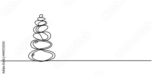 Pebbles with circles in sand in one continuous line drawing. Balance and enjoying life in a simple linear style. Spa wellness and massage salon editable stroke. Doodle vector illustration, Lined Spira
