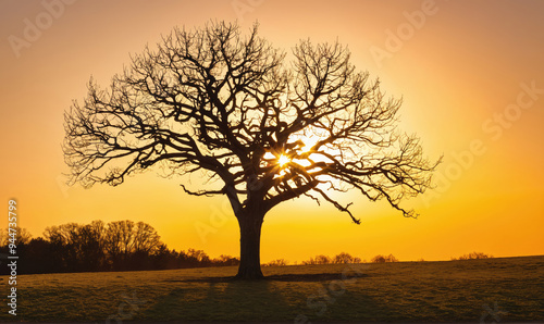 A lone tree stands silhouetted against the setting sun in a field