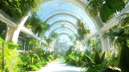 Lush Tropical Greenhouse with Glass Roof and Sunbeams