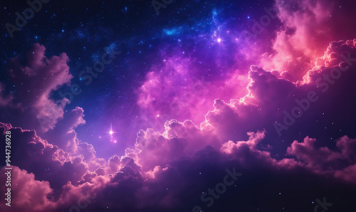 A vibrant night sky filled with purple and pink clouds, illuminated by twinkling stars