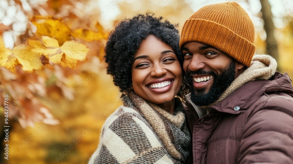 A stylish couple with a sunny smile in a natural autumn scene A stylish couple with a sunny smile in a natural autumn scene