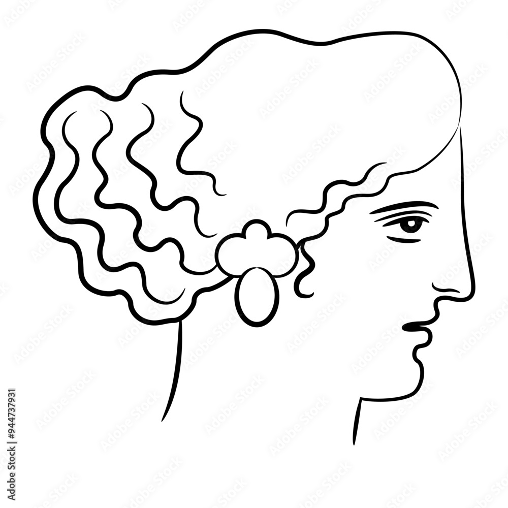 Head of a beautiful Ancient Greek woman or goddess. Portrait go antique lady in profile. Black and white linear silhouette. Head of a beautiful Ancient Greek woman or goddess. Portrait go antique lady in profile. Black and white linear silhouette.