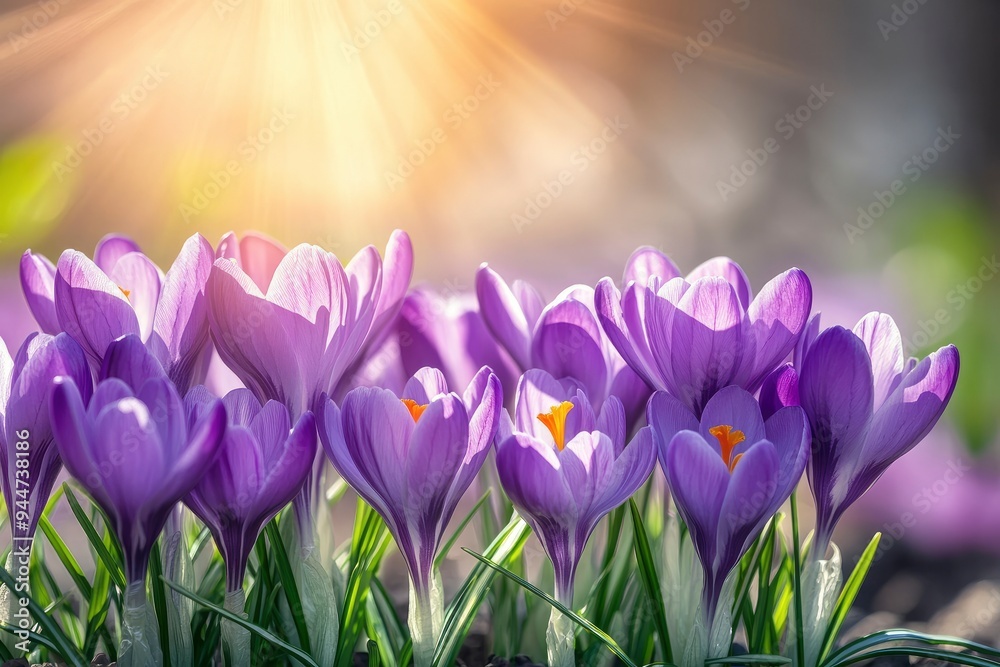 Blooming Cluster Of Purple Crocuses With Sunlight - Springtime Background Banner with generative ai Blooming Cluster Of Purple Crocuses With Sunlight - Springtime Background Banner with generative ai