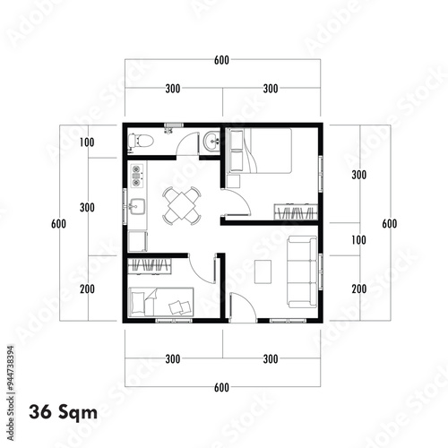 Floor plan blueprint type 36 sqm, Figure of the jotting sketch of the construction and the industrial skeleton of the structure and dimensions. vector eps 10