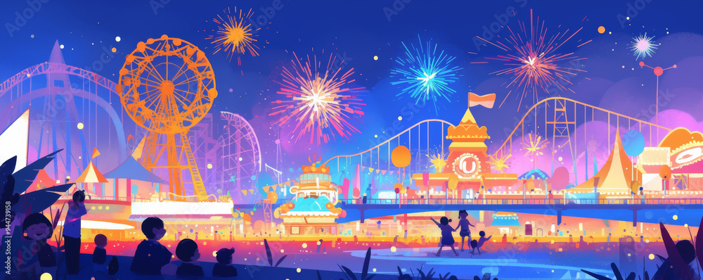 A vibrant amusement park scene illuminated by fireworks, featuring ferris wheel and roller coaster, evokes sense of joy and celebration.