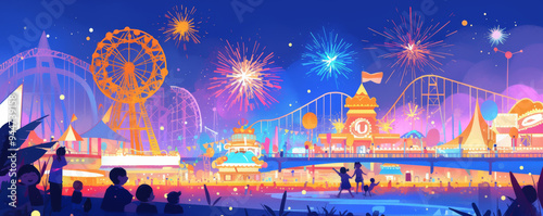 Obraz na płótnie A vibrant amusement park scene illuminated by fireworks, featuring ferris wheel and roller coaster, evokes sense of joy and celebration. w salonie