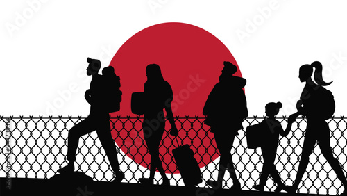 Immigration and refugees front of Japan flag, immigrant and refugee concept, Japan immigrants, refugee day, freedom and human rights idea, poverty and illegal immigrants