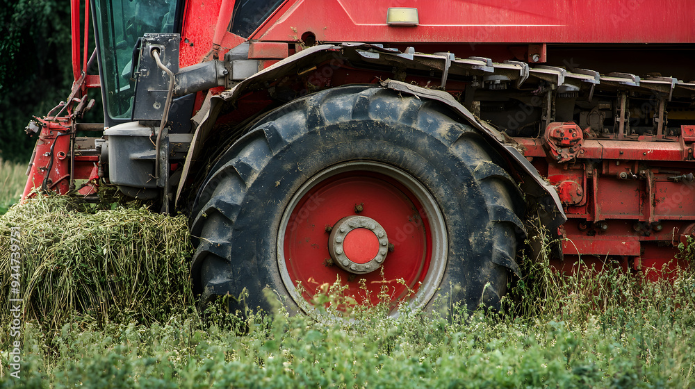 Red Tractor Working in Grassy Farm Field Red Tractor Working in Grassy Farm Field