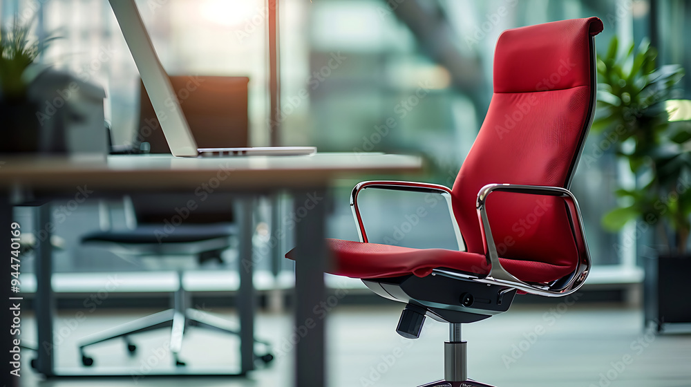 Red office chair placed in front of the table with laptop.