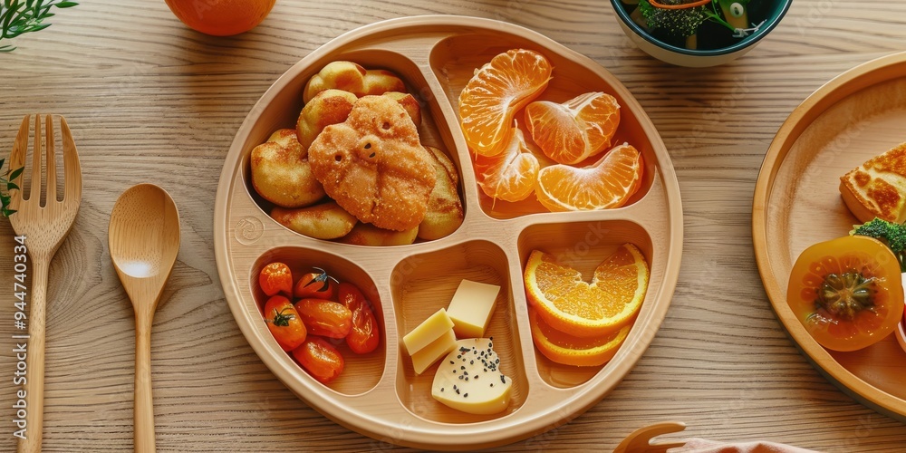 Plate with Bear Design Divided into Three Compartments for Baby led Weaning Featuring Chicken Strips Tangerine Slices Homemade Pancakes and More Plate with Bear Design Divided into Three Compartments for Baby led Weaning Featuring Chicken Strips Tangerine Slices Homemade Pancakes and More