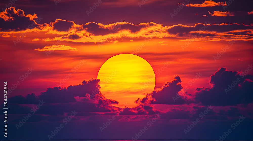 Obraz premium Breathtaking Sunset Sky with Dramatic Clouds and Glowing Sun