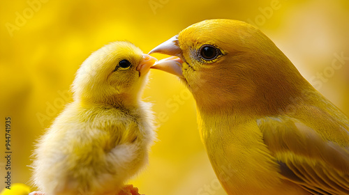 Cute fluffy yellow baby chick bird looking at another chick in close up view photo