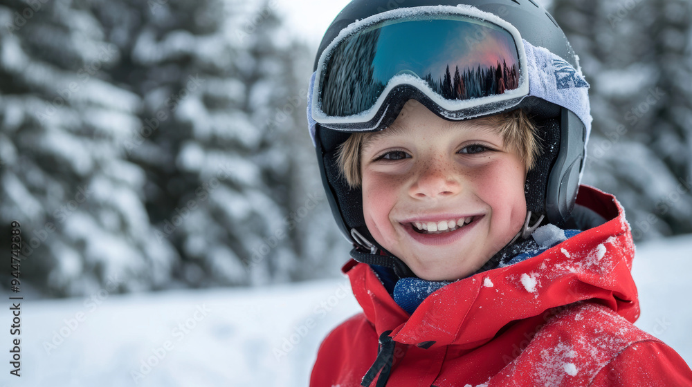 A smiling child, clad in a red jacket and ski helmet, stands in a snowy landscape with trees in the background. A smiling child, clad in a red jacket and ski helmet, stands in a snowy landscape with trees in the background.