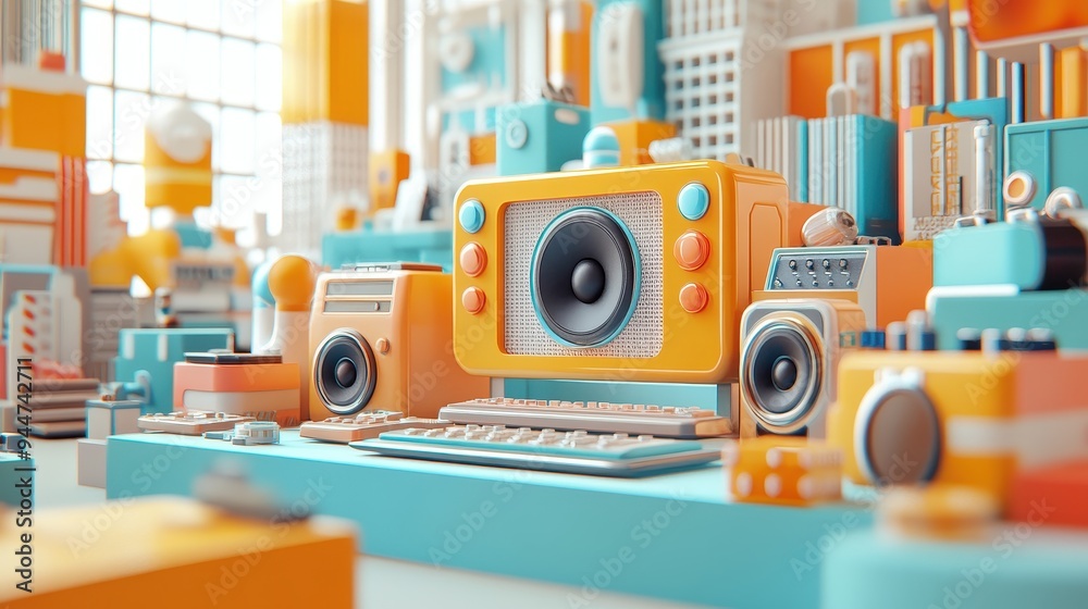Retro Computer and Speakers in a D Abstract Cityscape Retro Computer and Speakers in a D Abstract Cityscape