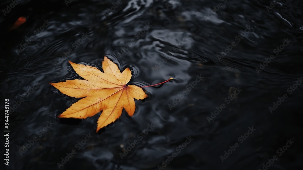 Golden maple leaf floating on still dark water in early autumn, captured during a serene afternoon in nature Golden maple leaf floating on still dark water in early autumn, captured during a serene afternoon in nature