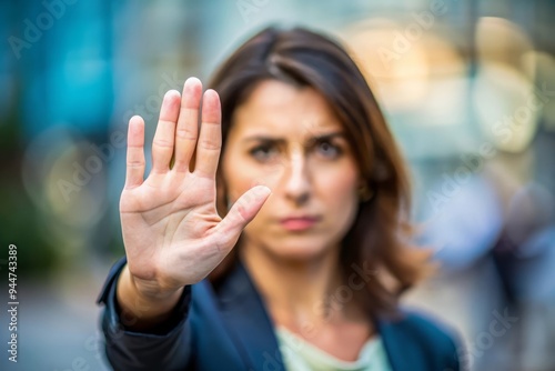 Woman In Blue Jacket,  Hand Outstretched,  Stop Gesture.
