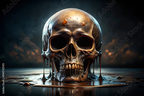 Melting Skull In Dark Liquid, Halloween Horror Concept. photo