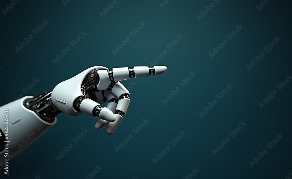 A robot hand pointing to something on a blue background A robot hand pointing to something on a blue background