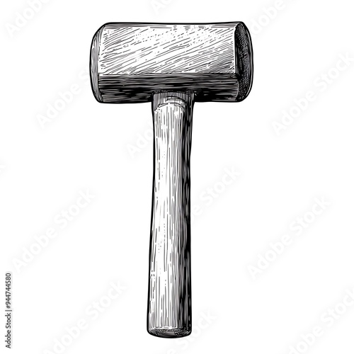 Hand Drawn Black And White Illustration Of A Wooden Mallet photo