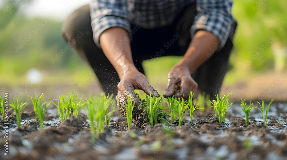 Hands Planting Young Seedlings in Fertile Soil with Lush Greenery Hands Planting Young Seedlings in Fertile Soil with Lush Greenery