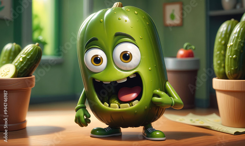 A cartoon cucumber with big eyes and a wide smile stands on a table, with other cucumbers in pots nearby