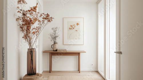  Minimalist entryway with a wooden console table, simple autumn decor, and framed artwork, featuring a vase of dried leaves and soft natural light