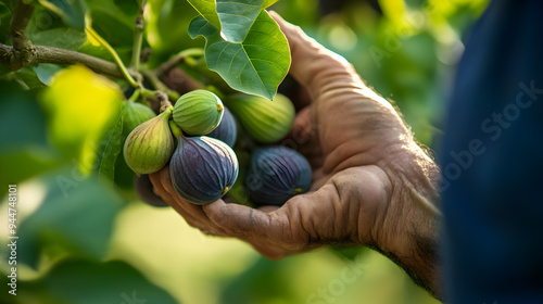 Freshly Picked Figs Held in Organic Gardener s Hands in Lush Foliage photo