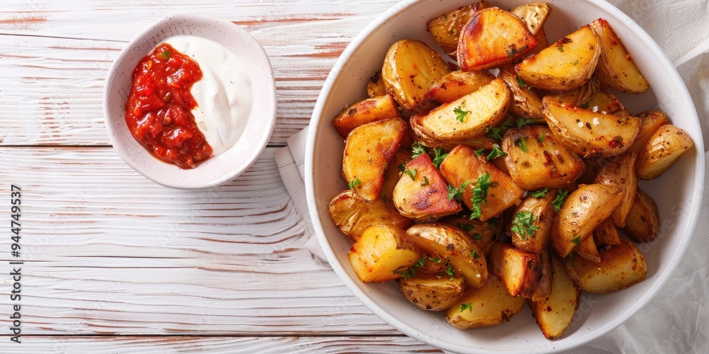 Patatas Bravas Deep Fried Potatoes with Spicy Sauce in a White Bowl on a White Wooden Table Traditional Spanish Dish Top View Flat Lay Composition with Room for Text Patatas Bravas Deep Fried Potatoes with Spicy Sauce in a White Bowl on a White Wooden Table Traditional Spanish Dish Top View Flat Lay Composition with Room for Text