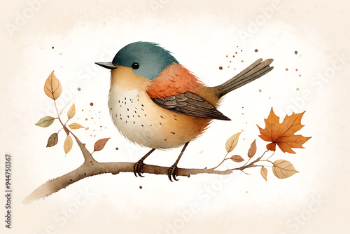 Aquarelle mignon petit oiseau de type robin perché sur une branche d'automne, scène minimaliste et colorée. 