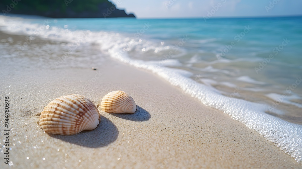 46. A serene beach scene with seashells scattered on the sand and a calm, blue ocean 46. A serene beach scene with seashells scattered on the sand and a calm, blue ocean