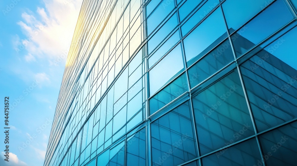 Modern Glass Facade of a Building with Blue Sky and Clouds Modern Glass Facade of a Building with Blue Sky and Clouds
