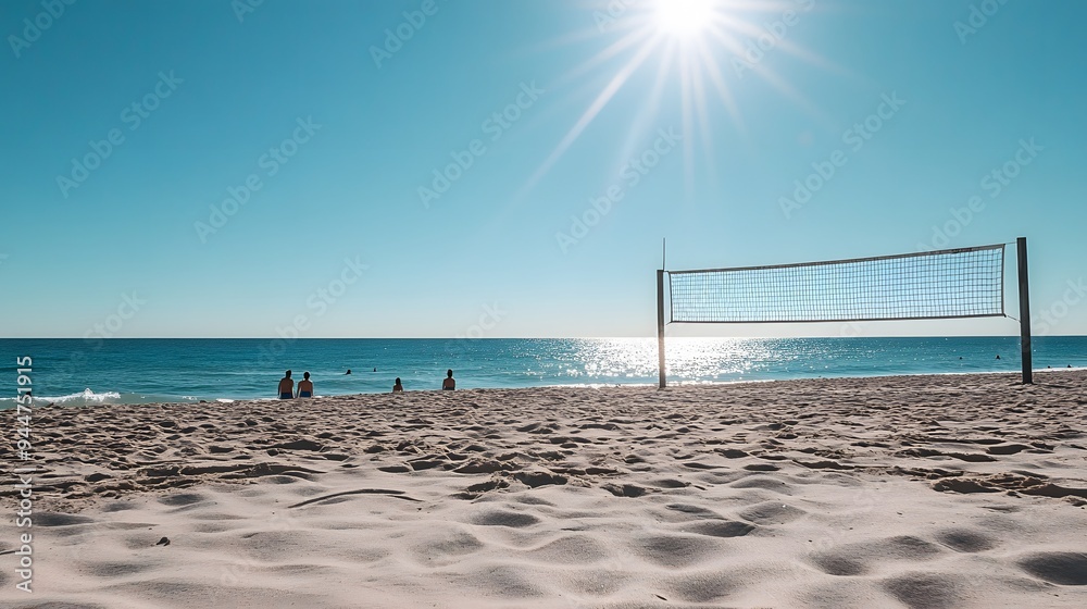 67. A sunny beach with a beach volleyball net and people enjoying the water 67. A sunny beach with a beach volleyball net and people enjoying the water