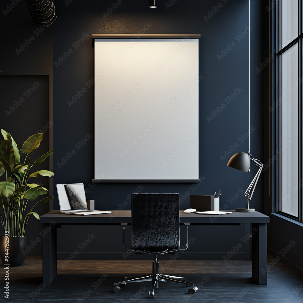 Modern minimalist office interior with a blank screen, desk, chair, lamp, and indoor plant in a dark, stylish setting.