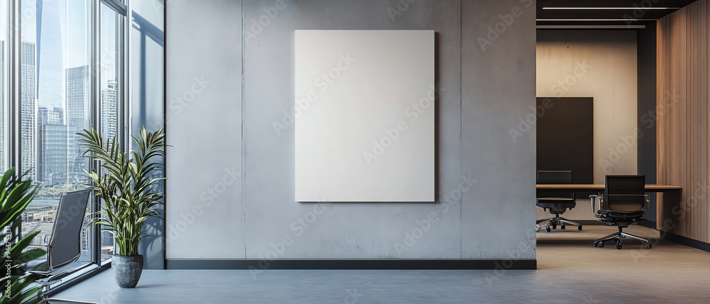 Modern office interior with a large blank canvas on the wall, natural light, and minimalistic design. Spacious and professional workspace. Modern office interior with a large blank canvas on the wall, natural light, and minimalistic design. Spacious and professional workspace.