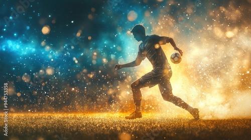 Silhouette of a Soccer Player Dribbling with a Golden Glow