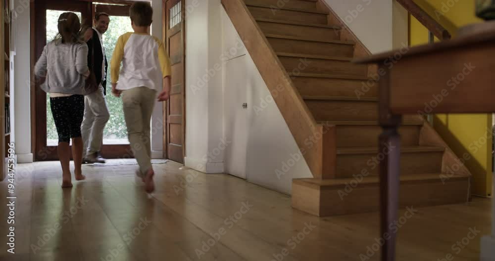 Greeting, front door and running with happy and family for welcome, excited and relax. Love, business man and reunion with children and parents in hallway of home for break, hello and hug together Greeting, front door and running with happy and family for welcome, excited and relax. Love, business man and reunion with children and parents in hallway of home for break, hello and hug together