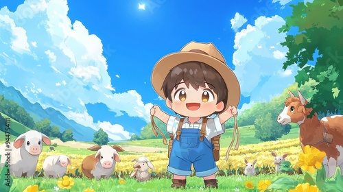 Cute Cartoon Boy with Animals in a Green Meadow