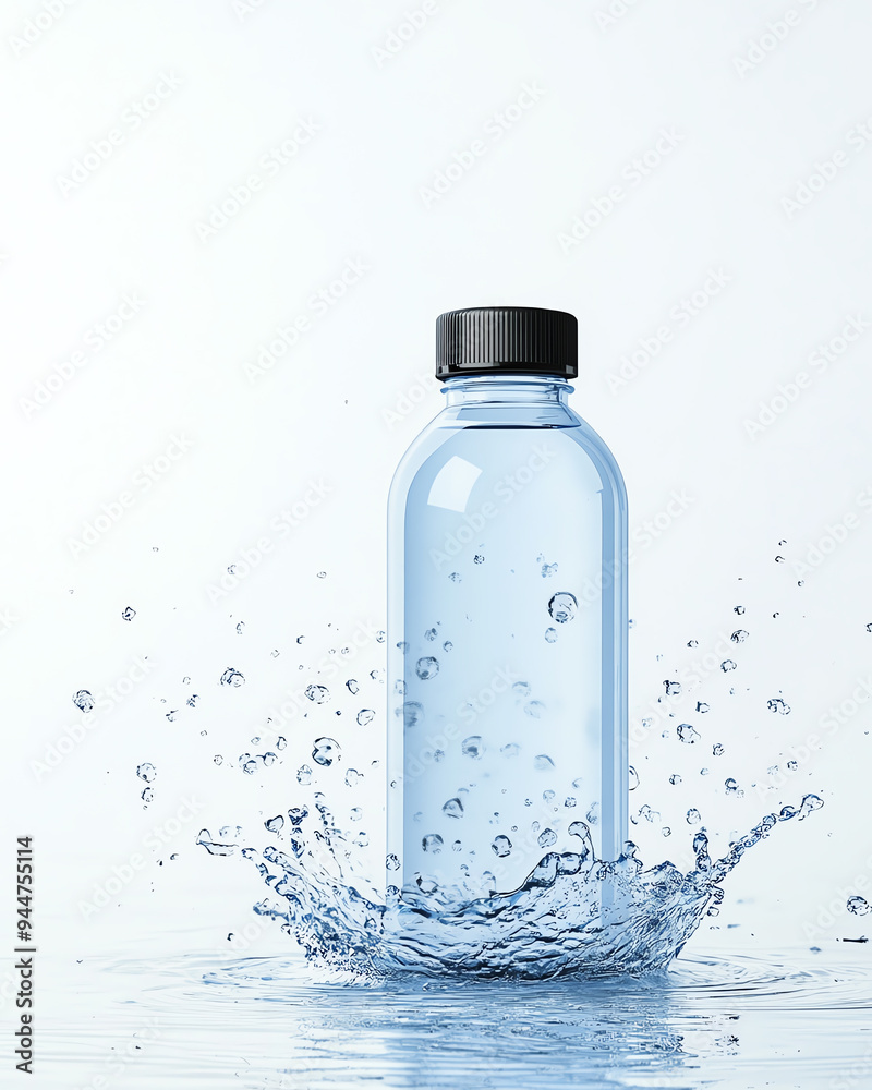 Clear plastic water bottle with black cap splashing in water, showcasing freshness and purity in a minimalistic setting. Clear plastic water bottle with black cap splashing in water, showcasing freshness and purity in a minimalistic setting.