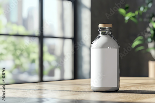 Minimalist glass bottle with blank label on a wooden table, bright natural light, indoor setting with a green plant in the background.