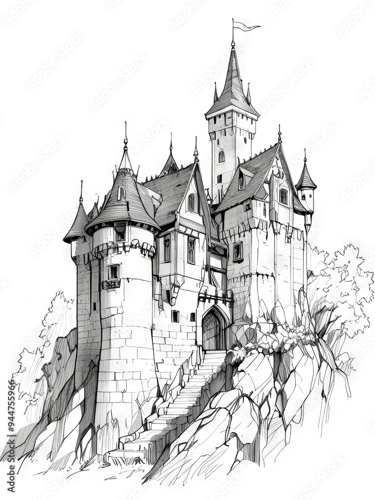 Detailed Pen and Ink and Pencil Sketch of a Majestic Castle Detailed Pen and Ink and Pencil Sketch of a Majestic Castle